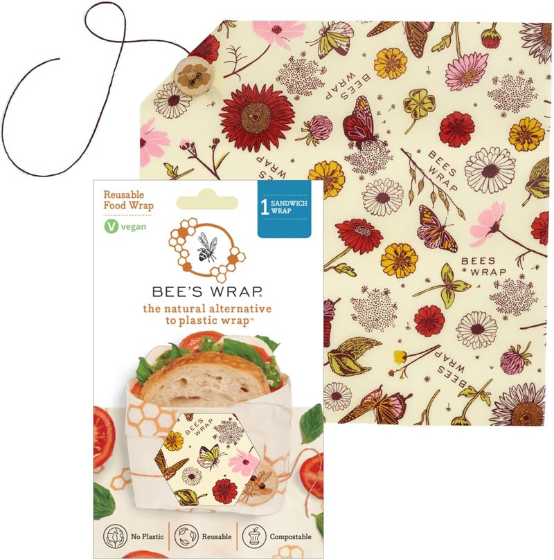 Bee's Wrap Vegan Beeswax Wraps for Food - Vegan Meadow Magic Sandwich Wrap - Made in USA Reusable Bread Bags - Organic & Eco-Friendly Alternative to Aluminum Foil, Sandwich Bags & Plastic Wrap - Image 1